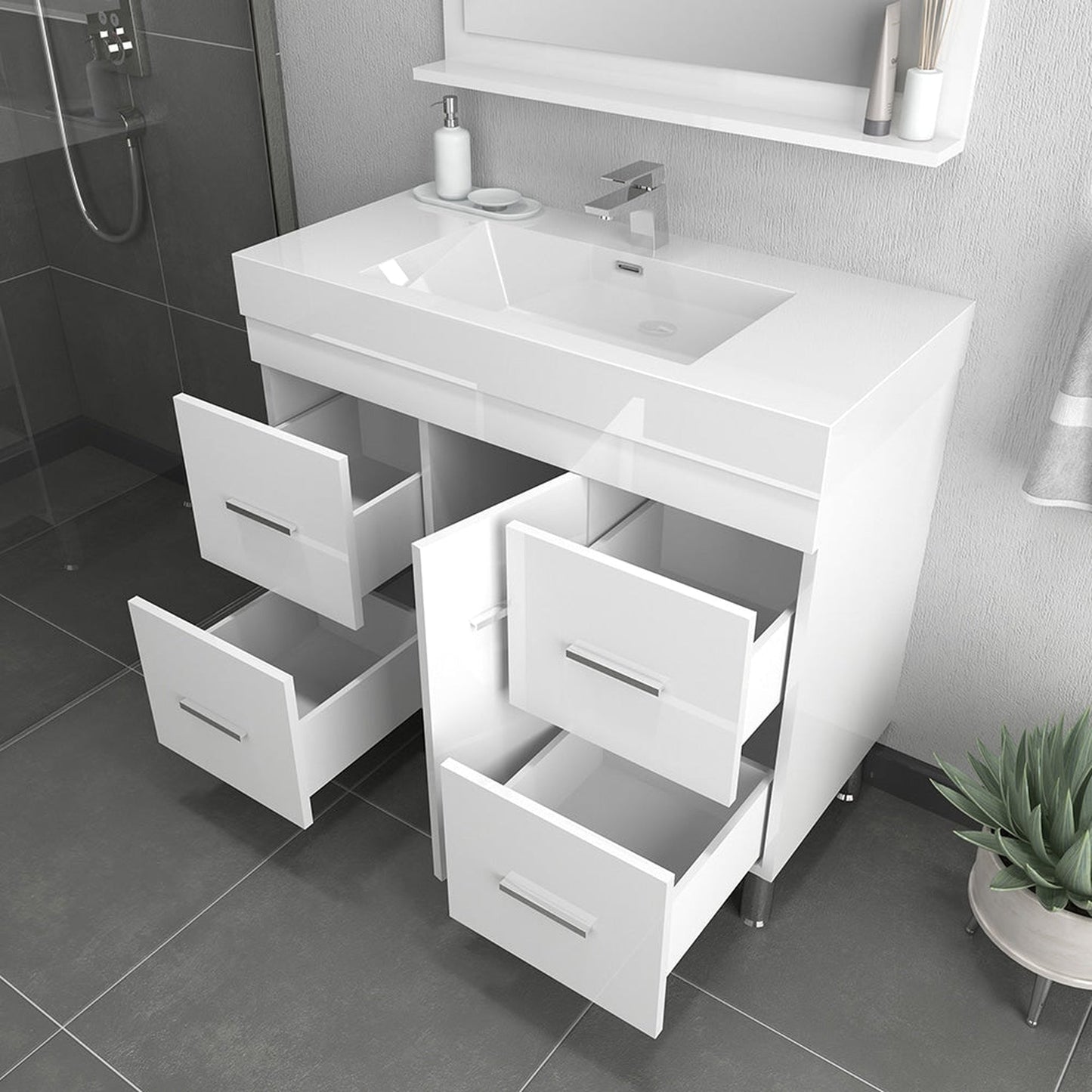 Alya Bath Ripley 39" Single White Modern Freestanding  Bathroom Vanity With Integrated Acrylic Top, Acrylic Sink and Wall Mounted Mirror - AT-8041-W+AT-36-M-W