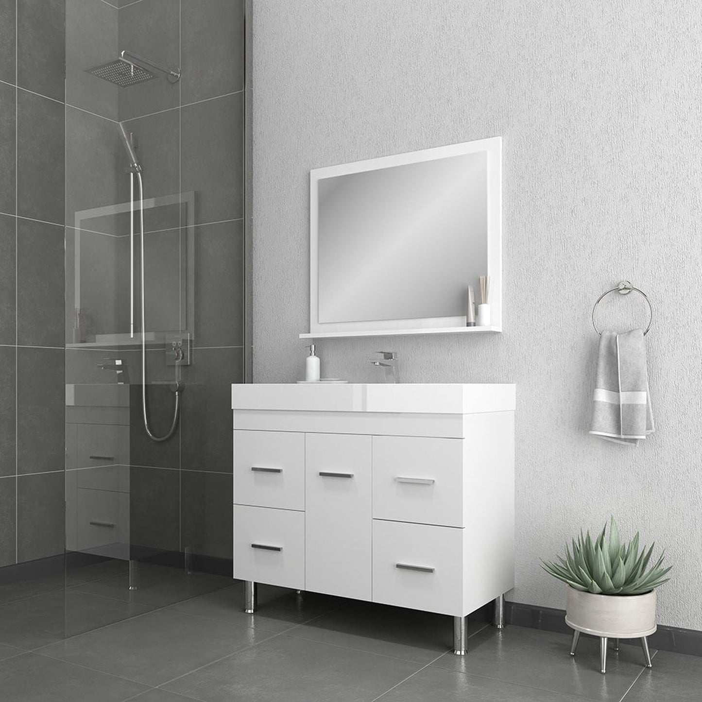 Alya Bath Ripley 39" Single White Modern Freestanding  Bathroom Vanity With Integrated Acrylic Top, Acrylic Sink and Wall Mounted Mirror - AT-8041-W+AT-36-M-W