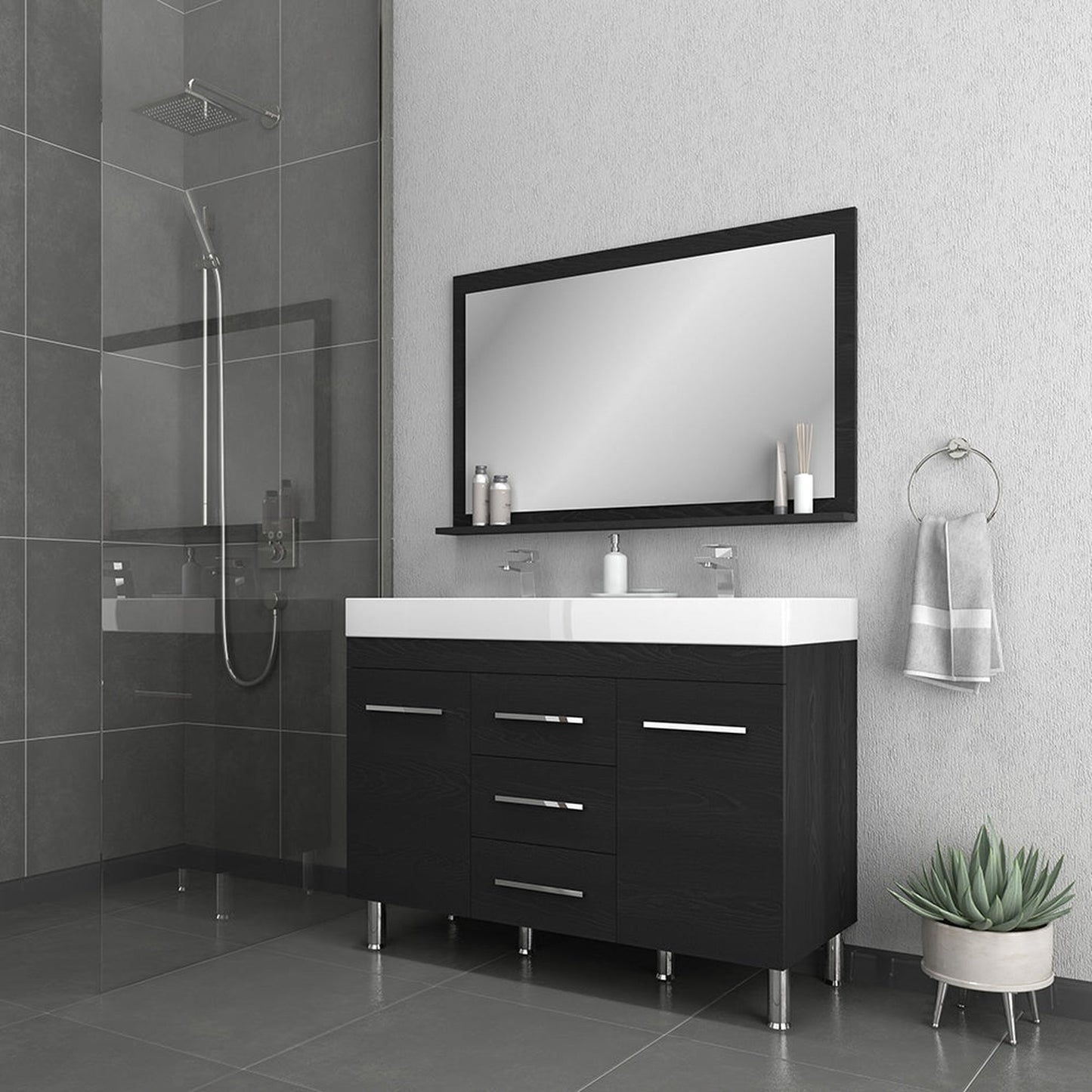 Alya Bath Ripley 48" Double Black Modern Freestanding  Bathroom Vanity With Integrated Acrylic Top, Acrylic Sink and Wall Mounted Mirror - AT-8048-B-D+AT-48-M-B