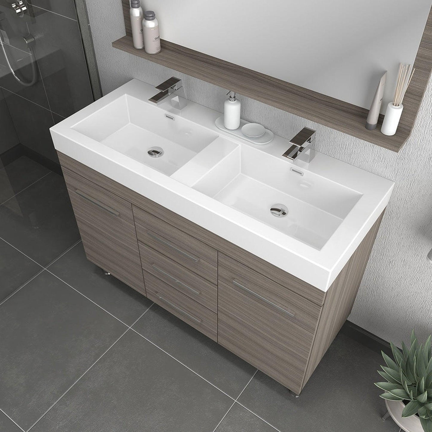 Alya Bath Ripley 48" Double Gray Modern Freestanding  Bathroom Vanity With Integrated Acrylic Top, Acrylic Sink and Wall Mounted Mirror - AT-8048-G-D+AT-48-M-G