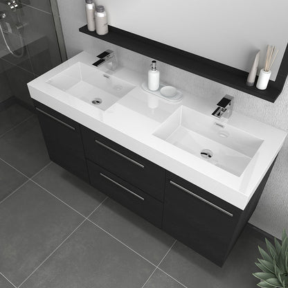 Alya Bath Ripley 54" Double Black Modern Wall Mounted Bathroom Vanity With Integrated Acrylic Top, Acrylic Sink and Wall Mounted Mirror - AT-8047-B-D+AT-48-M-B