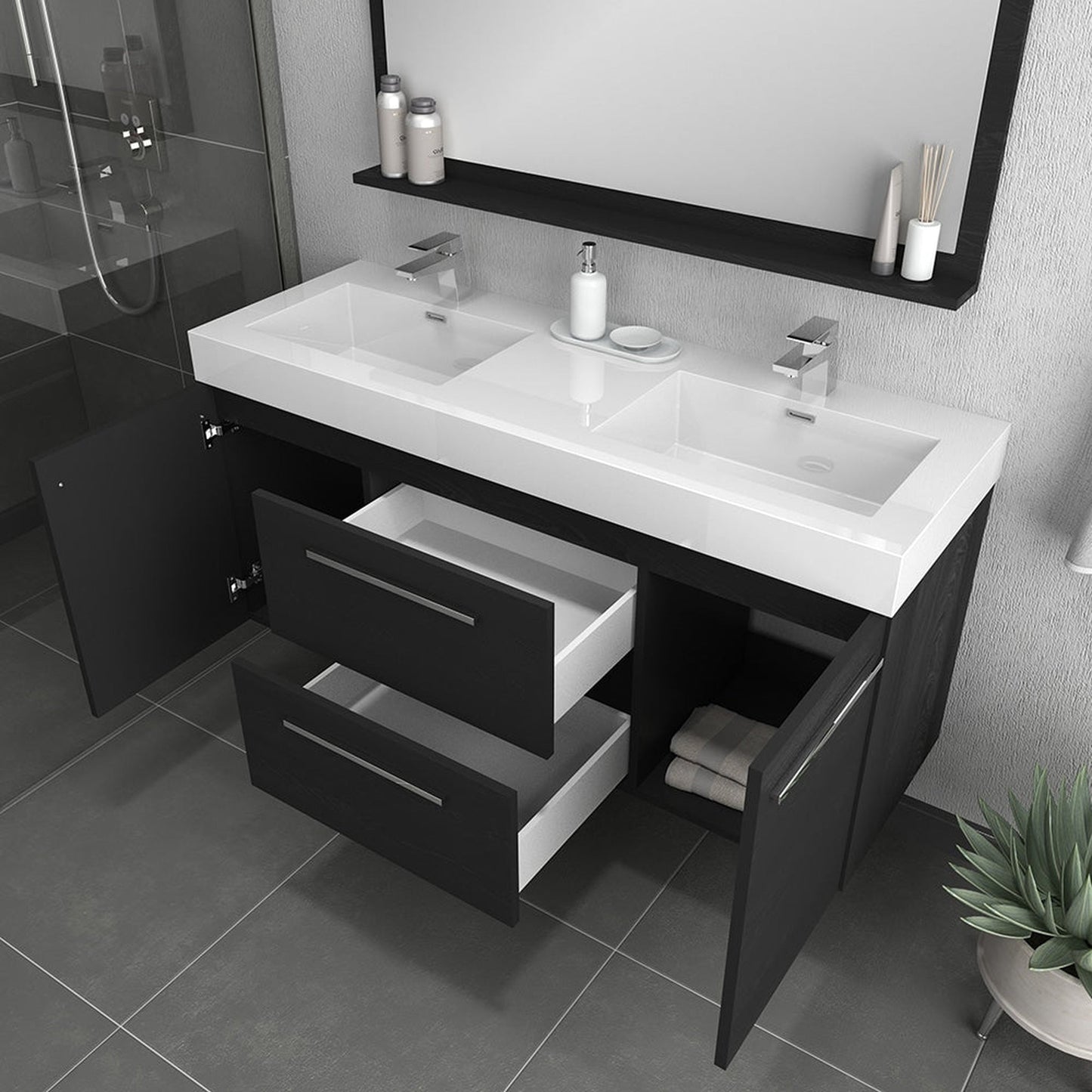 Alya Bath Ripley 54" Double Black Modern Wall Mounted Bathroom Vanity With Integrated Acrylic Top, Acrylic Sink and Wall Mounted Mirror - AT-8047-B-D+AT-48-M-B