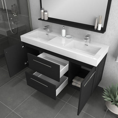 Alya Bath Ripley 54" Double Black Modern Wall Mounted Bathroom Vanity With Integrated Acrylic Top, Acrylic Sink and Wall Mounted Mirror - AT-8047-B-D+AT-48-M-B