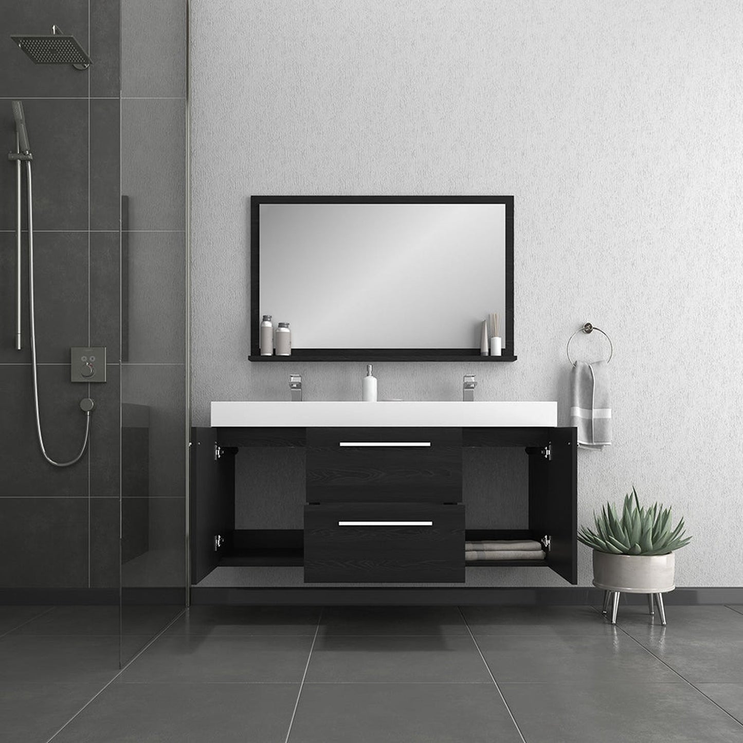 Alya Bath Ripley 54" Double Black Modern Wall Mounted Bathroom Vanity With Integrated Acrylic Top, Acrylic Sink and Wall Mounted Mirror - AT-8047-B-D+AT-48-M-B