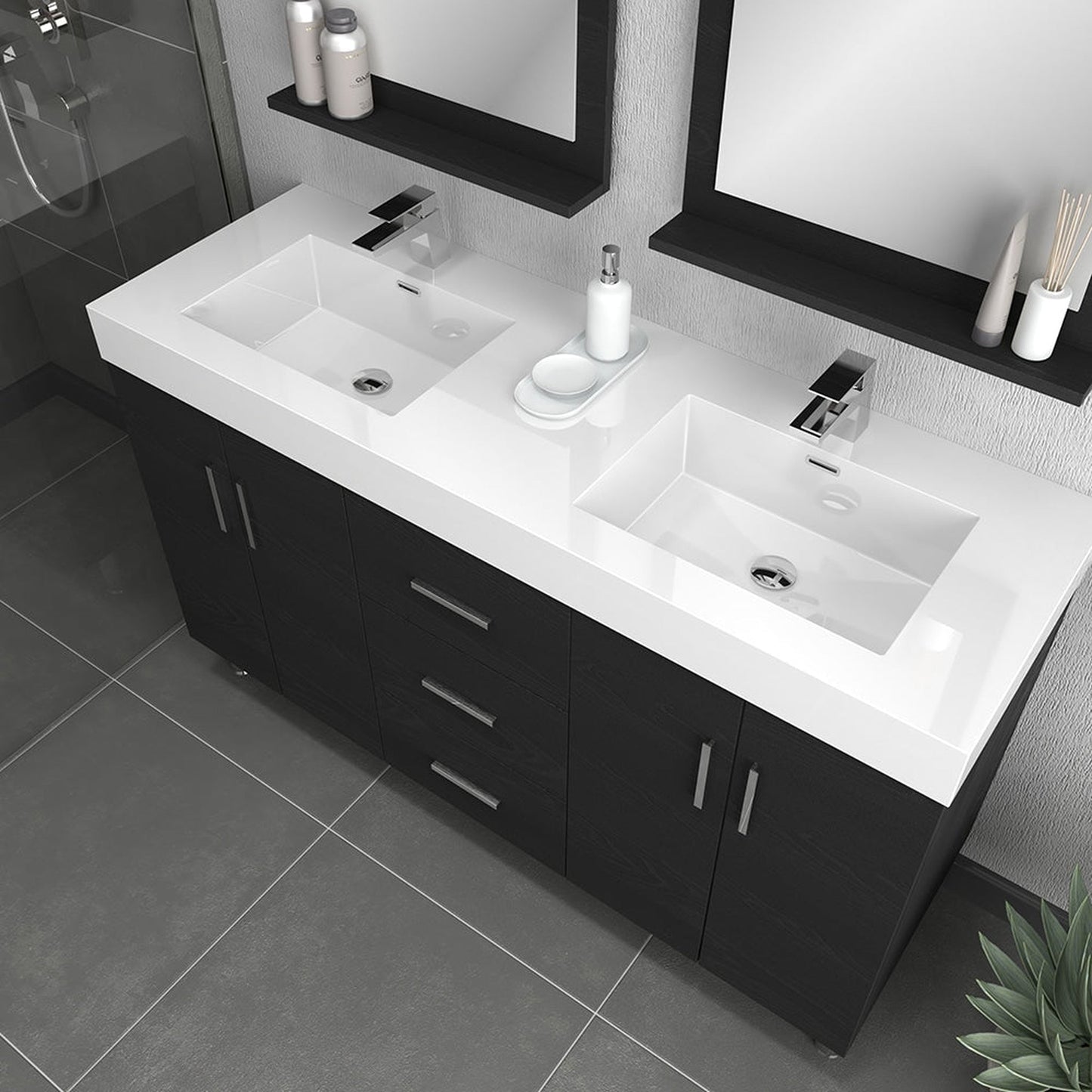 Alya Bath Ripley 56" Double Black Modern Freestanding Bathroom Vanity With Integrated Acrylic Top, Acrylic Sink and Wall Mounted Mirror - AT-8043-B-D+2x AT-24-M-B