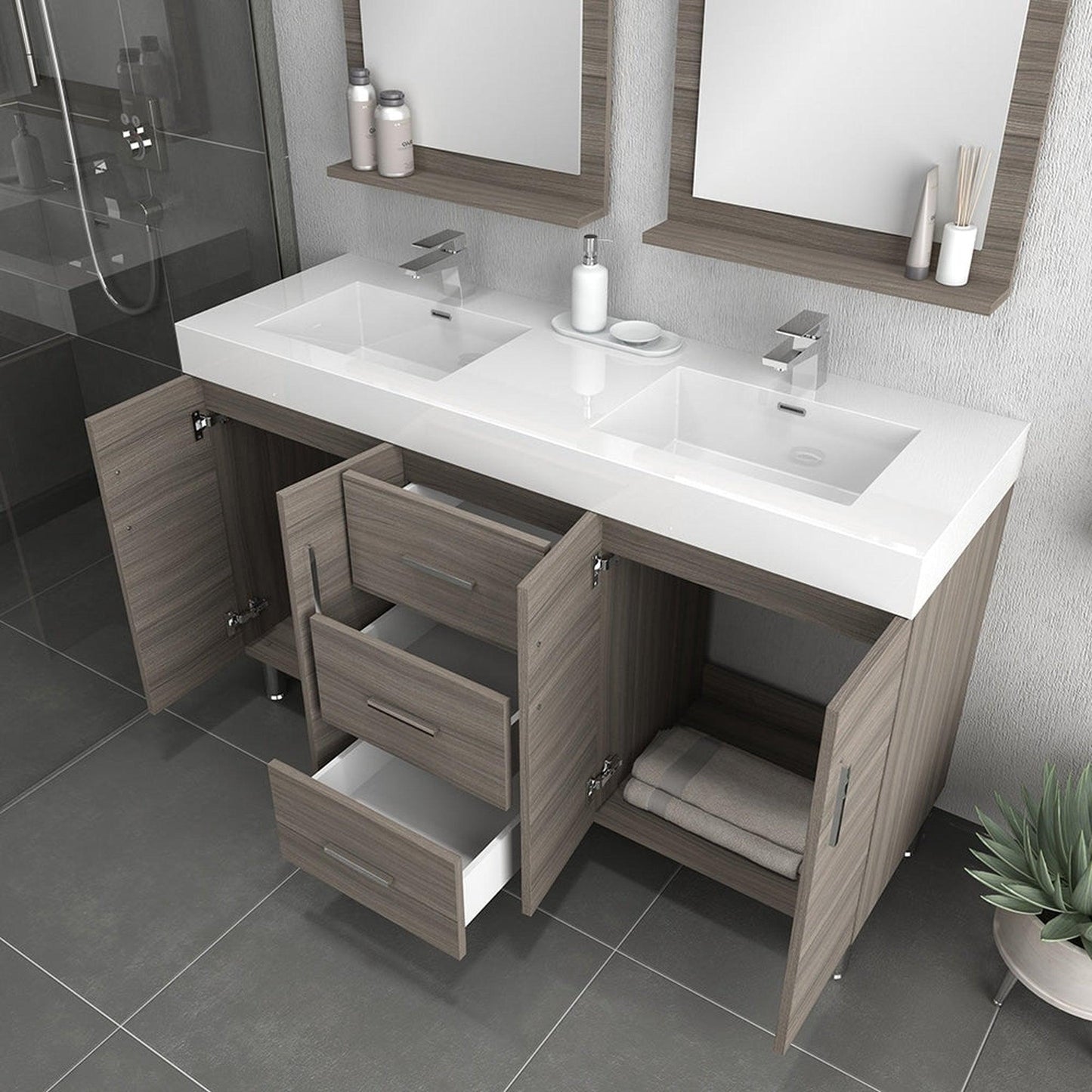 Alya Bath Ripley  56" Double Gray Modern Freestanding  Bathroom Vanity With Integrated Acrylic Top, Acrylic Sink and Wall Mounted Mirror - AT-8043-G-D+2x AT-24-M-G
