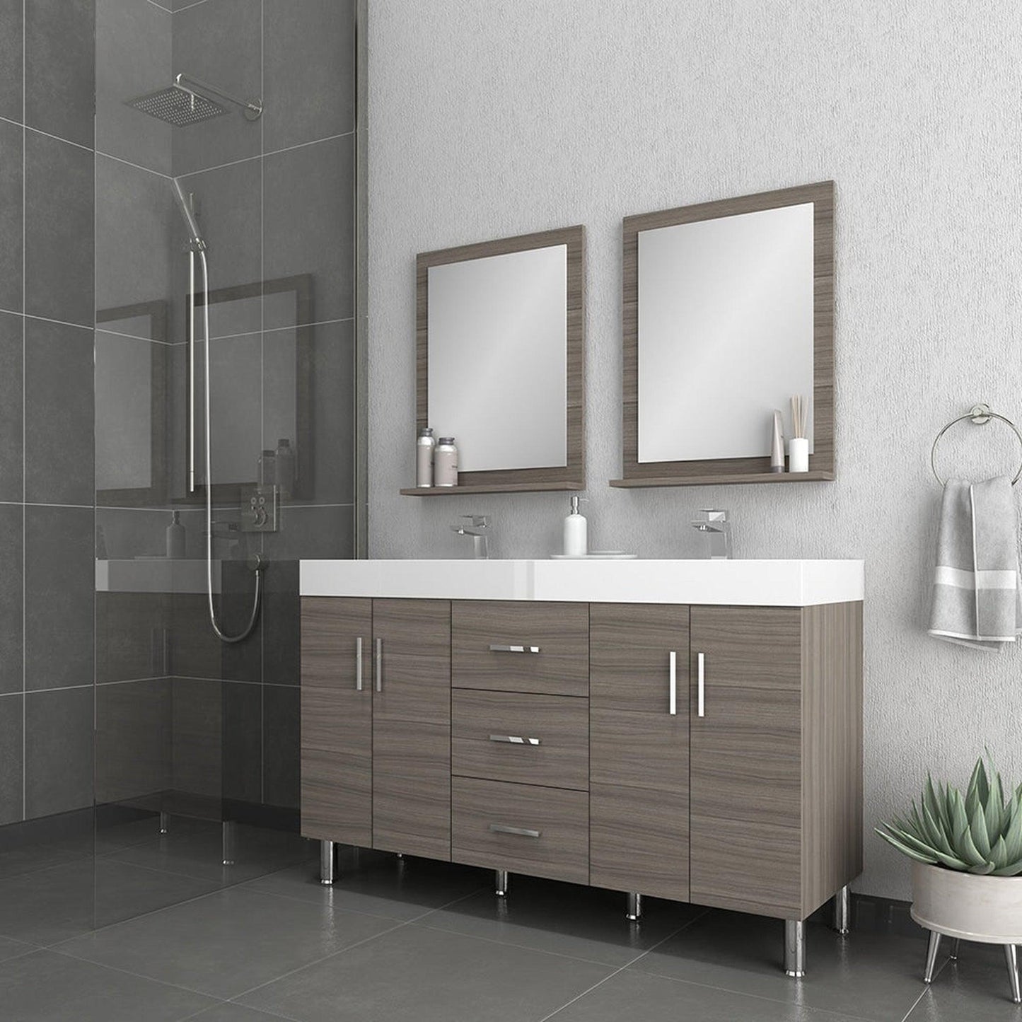Alya Bath Ripley  56" Double Gray Modern Freestanding  Bathroom Vanity With Integrated Acrylic Top, Acrylic Sink and Wall Mounted Mirror - AT-8043-G-D+2x AT-24-M-G