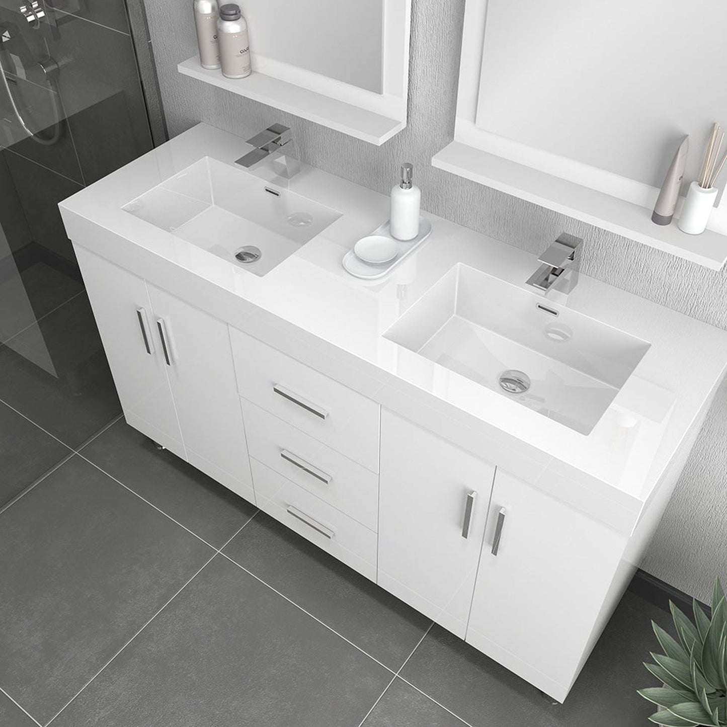 Alya Bath Ripley 56" Double White Modern Freestanding Double Bathroom Vanity With Integrated Acrylic Top, Acrylic Sink and Wall Mounted Mirror - AT-8043-W-D+2x AT-24-M-W