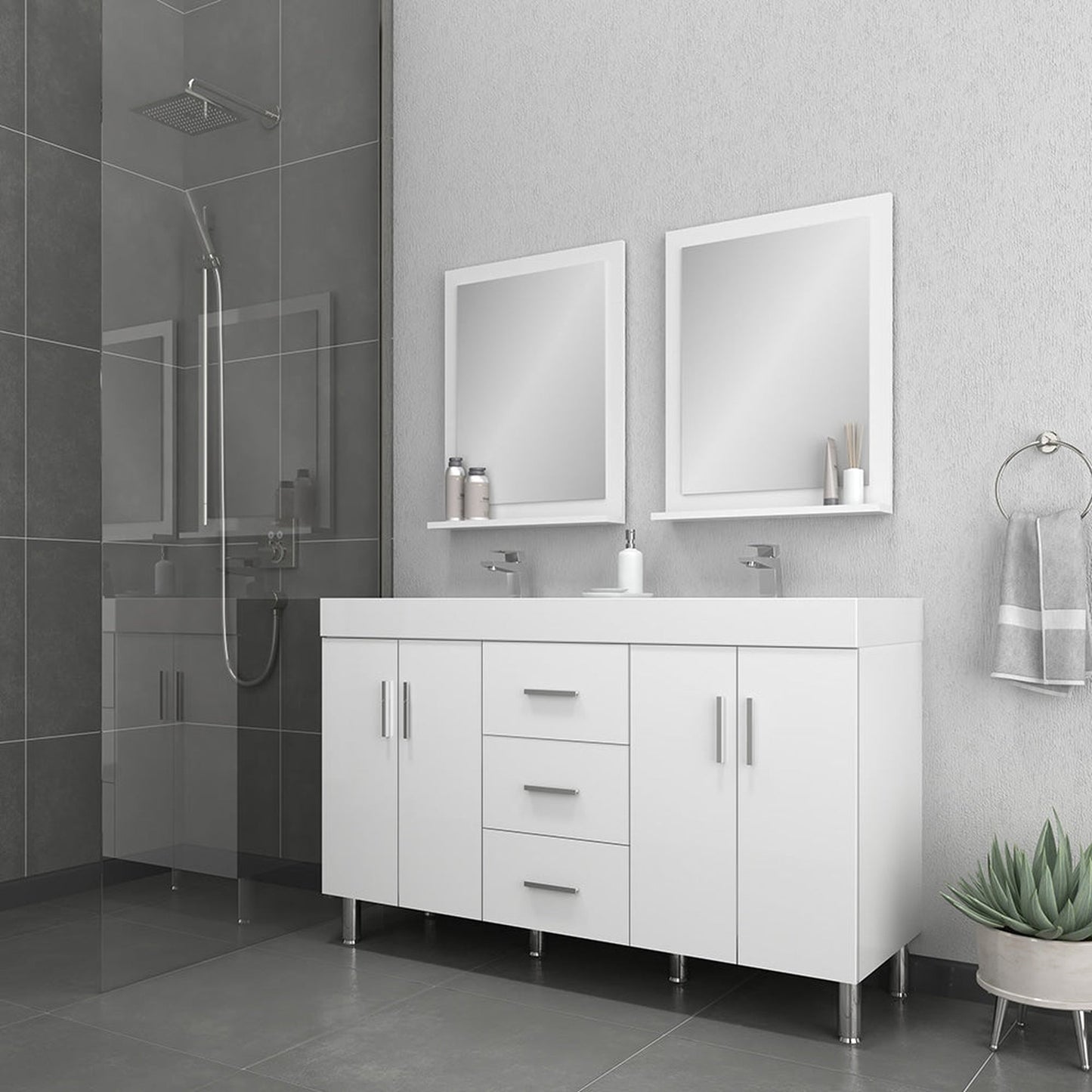 Alya Bath Ripley 56" Double White Modern Freestanding Double Bathroom Vanity With Integrated Acrylic Top, Acrylic Sink and Wall Mounted Mirror - AT-8043-W-D+2x AT-24-M-W