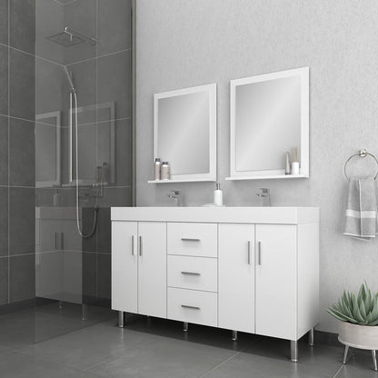 Alya Bath Ripley 56" Double White Modern Freestanding Double Bathroom Vanity With Integrated Acrylic Top, Acrylic Sink and Wall Mounted Mirror - AT-8043-W-D+2x AT-24-M-W