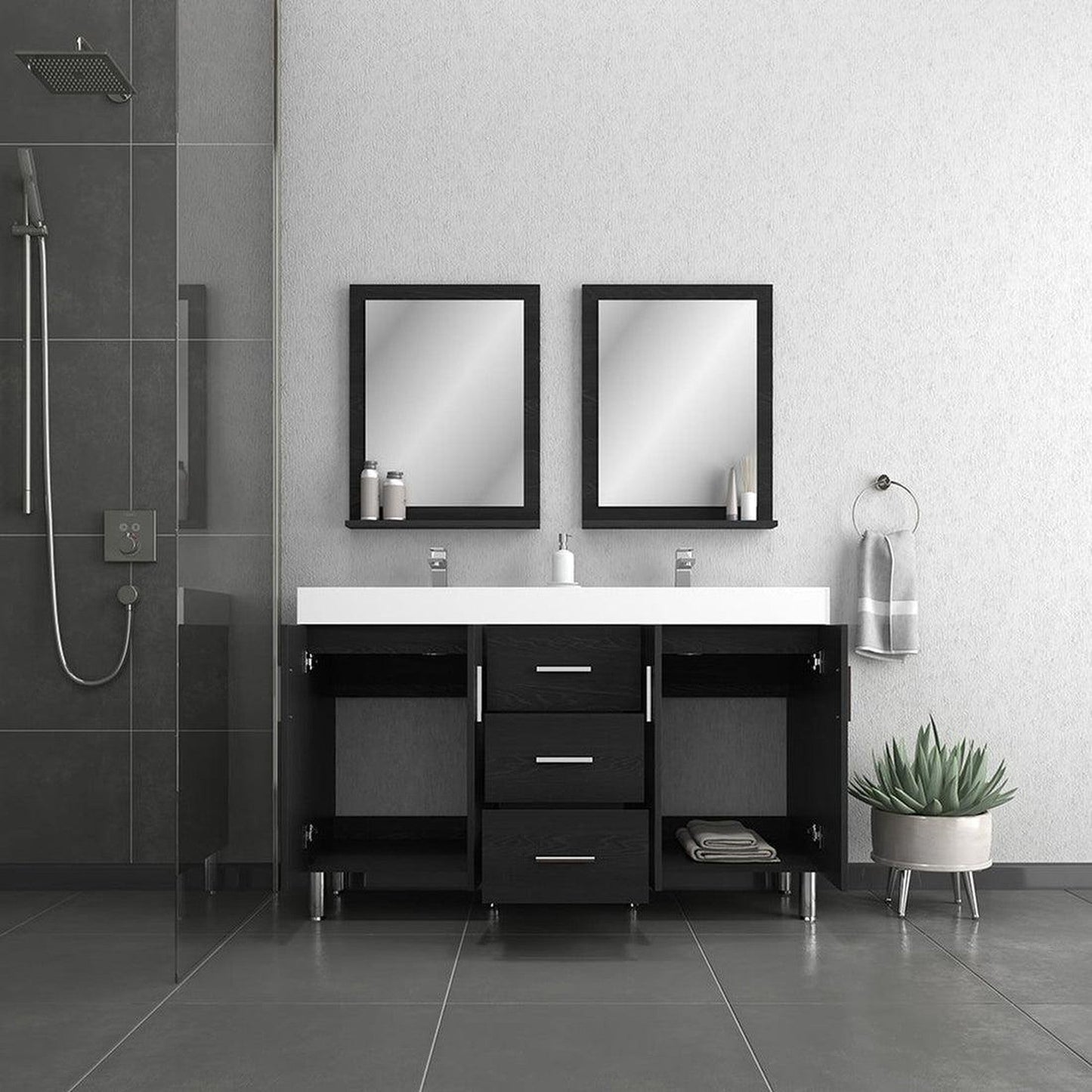 Alya Bath Ripley 60" Double Black Modern Freestanding Bathroom Vanity With Integrated Acrylic Top, Acrylic Sink and Wall Mounted Mirror - AT-8043-B-60+2x AT-24-M-B
