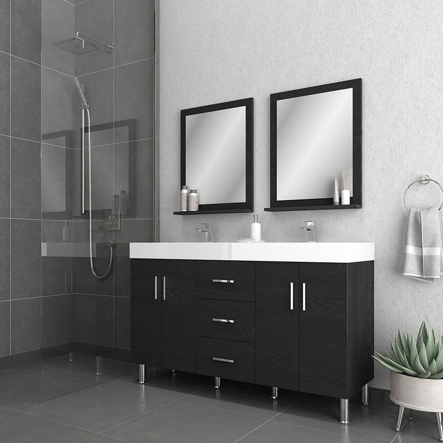 Alya Bath Ripley 60" Double Black Modern Freestanding Bathroom Vanity With Integrated Acrylic Top, Acrylic Sink and Wall Mounted Mirror - AT-8043-B-60+2x AT-24-M-B
