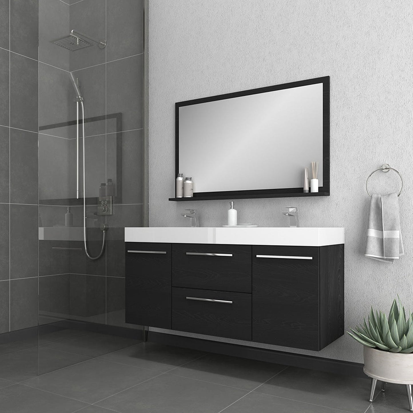 Alya Bath Ripley 60" Double Black Modern Wall Mounted Bathroom Vanity With Integrated Acrylic Top, Acrylic Sink and Wall Mounted Mirror - AT-8047-B-60+AT-48-M-B