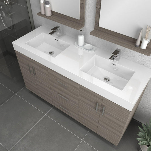 Alya Bath Ripley 60" Double Gray Modern Freestanding Bathroom Vanity With Integrated Acrylic Top, Acrylic Sink and Wall Mounted Mirror - AT-8043-G-60+2x AT-24-M-G