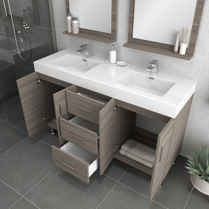 Alya Bath Ripley 60" Double Gray Modern Freestanding Bathroom Vanity With Integrated Acrylic Top, Acrylic Sink and Wall Mounted Mirror - AT-8043-G-60+2x AT-24-M-G