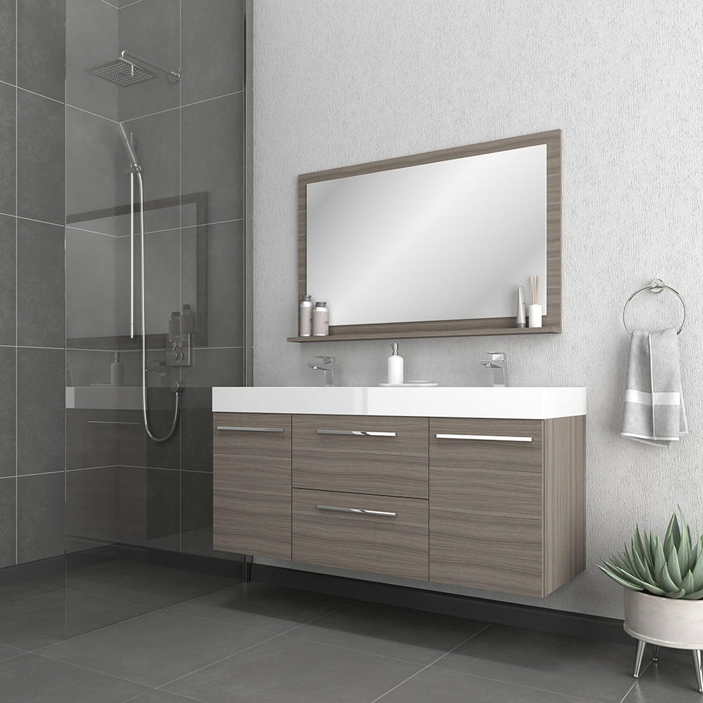 Alya Bath Ripley 60" Double Gray Modern Wall Mounted Bathroom Vanity With Integrated Acrylic Top, Acrylic Sink and Wall Mounted Mirror - AT-8047-G-60+AT-48-M-G