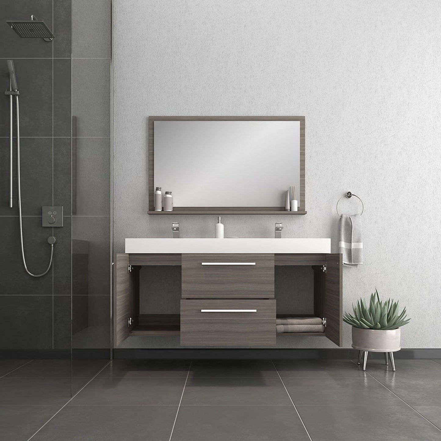 Alya Bath Ripley 60" Double Gray Modern Wall Mounted Bathroom Vanity With Integrated Acrylic Top, Acrylic Sink and Wall Mounted Mirror - AT-8047-G-60+AT-48-M-G