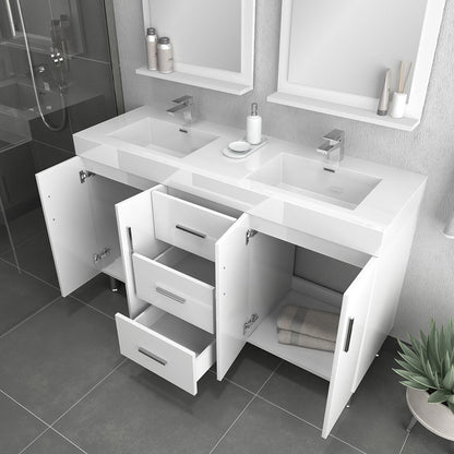 Alya Bath Ripley 60" Double White Modern Freestanding Double Bathroom Vanity With Integrated Acrylic Top, Acrylic Sink and Wall Mounted Mirror - AT-8043-W-60+2x AT-24-M-W