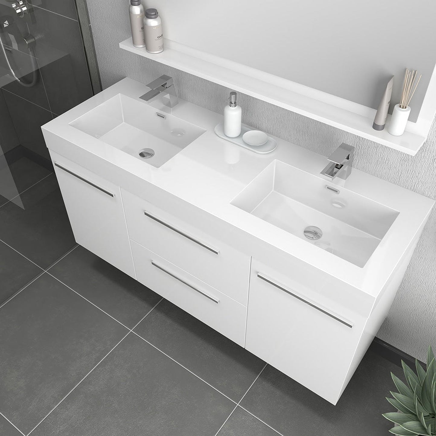 Alya Bath Ripley 60" Double White Modern Wall Mounted Bathroom Vanity With Integrated Acrylic Top, Acrylic Sink and Wall Mounted Mirror - AT-8047-W-60+AT-48-M-W