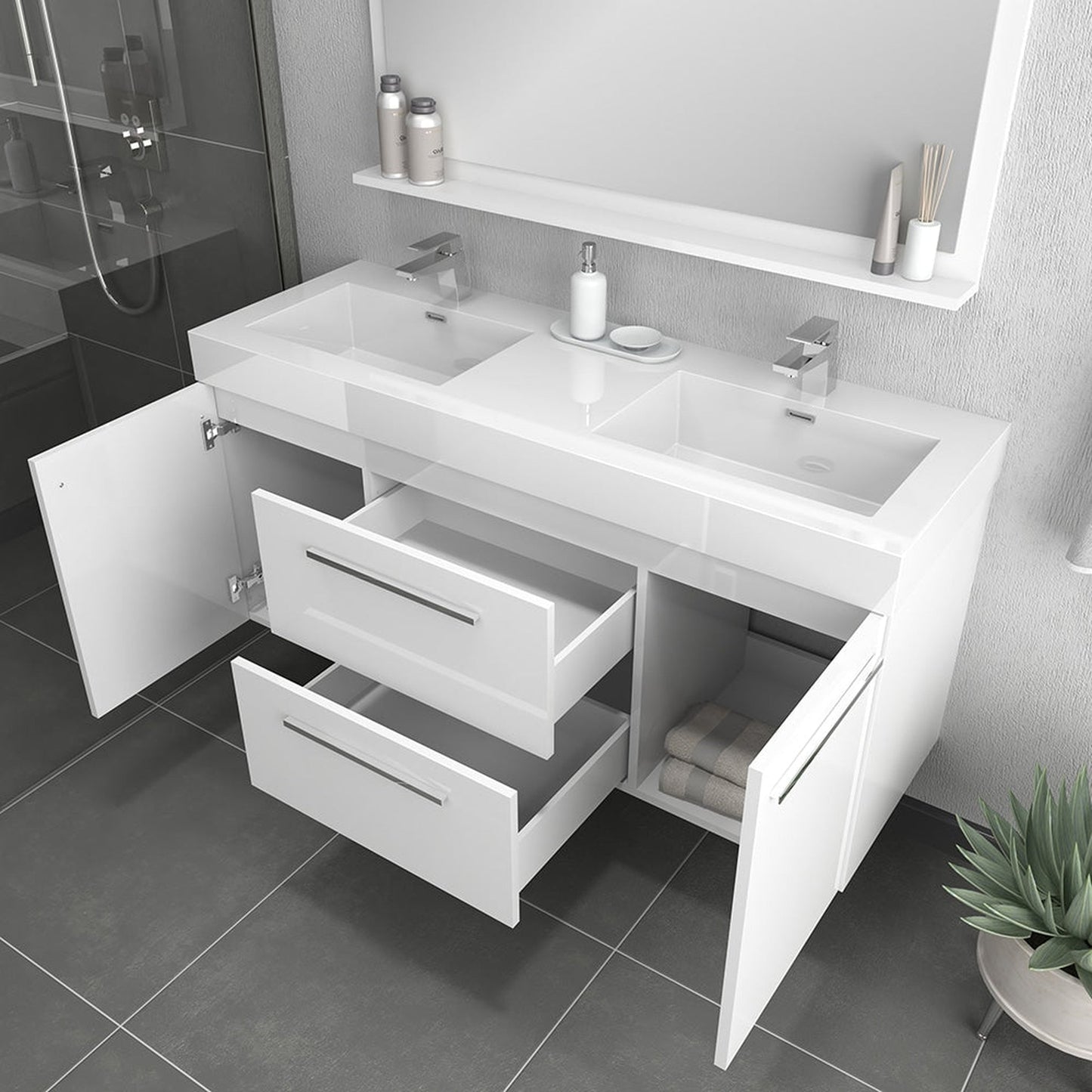 Alya Bath Ripley 60" Double White Modern Wall Mounted Bathroom Vanity With Integrated Acrylic Top, Acrylic Sink and Wall Mounted Mirror - AT-8047-W-60+AT-48-M-W
