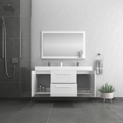Alya Bath Ripley 60" Double White Modern Wall Mounted Bathroom Vanity With Integrated Acrylic Top, Acrylic Sink and Wall Mounted Mirror - AT-8047-W-60+AT-48-M-W
