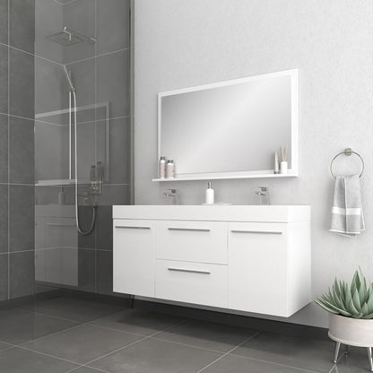 Alya Bath Ripley 60" Double White Modern Wall Mounted Bathroom Vanity With Integrated Acrylic Top, Acrylic Sink and Wall Mounted Mirror - AT-8047-W-60+AT-48-M-W