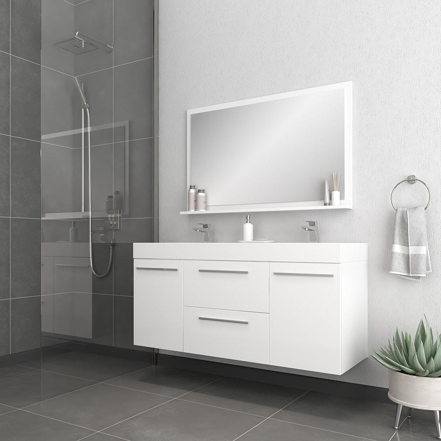 Alya Bath Ripley 60" Double White Modern Wall Mounted Bathroom Vanity With Integrated Acrylic Top, Acrylic Sink and Wall Mounted Mirror - AT-8047-W-60+AT-48-M-W