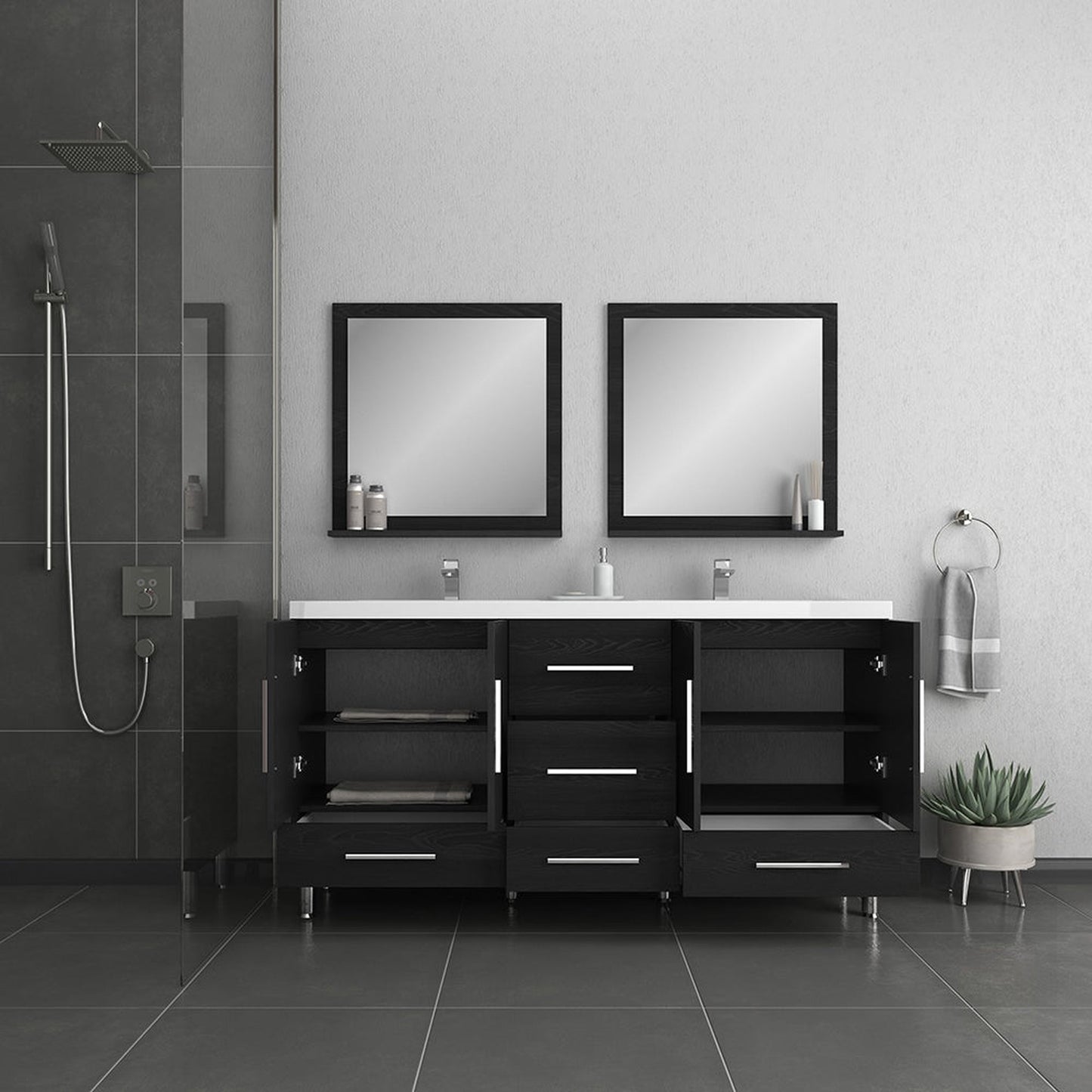 Alya Bath Ripley 67" Double Black Modern Freestanding Bathroom Vanity With Integrated Acrylic Top, Acrylic Sink and Wall Mounted Mirror - AT-8063-B+2x AT-30-M-B