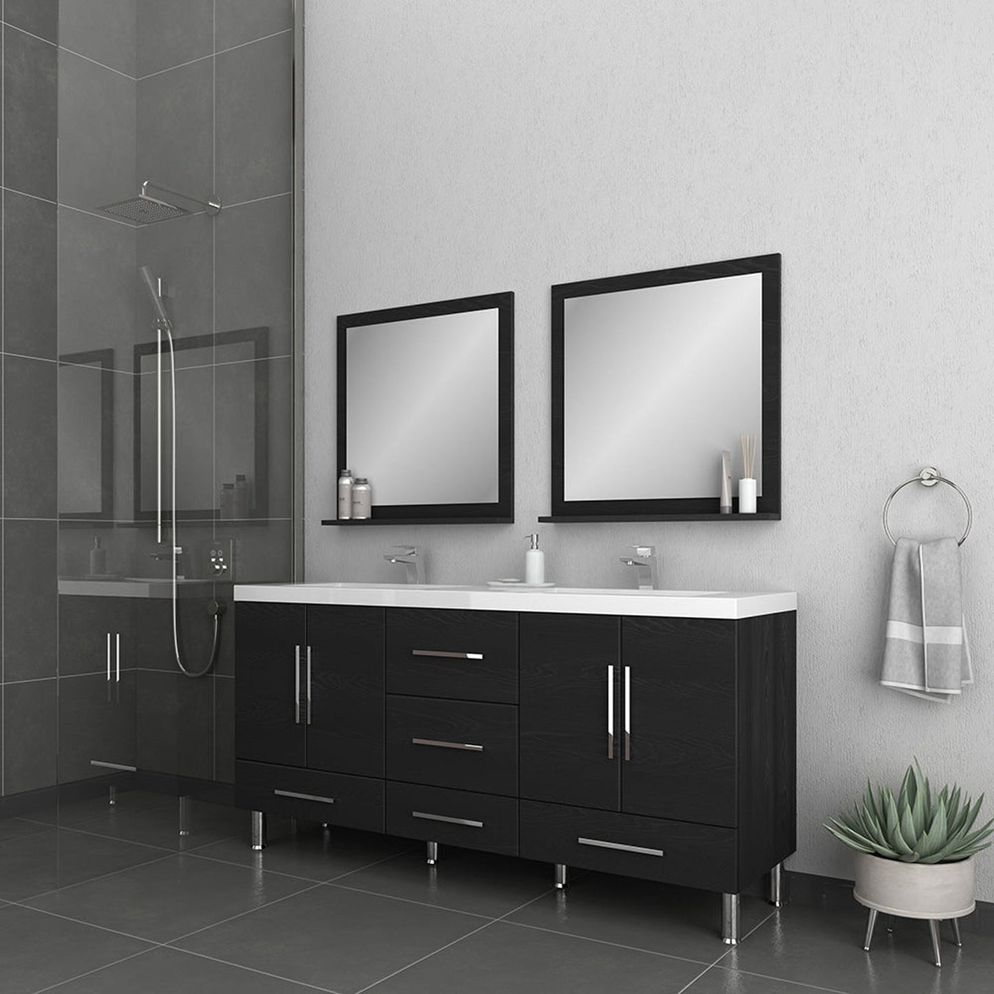 Alya Bath Ripley 67" Double Black Modern Freestanding Bathroom Vanity With Integrated Acrylic Top, Acrylic Sink and Wall Mounted Mirror - AT-8063-B+2x AT-30-M-B