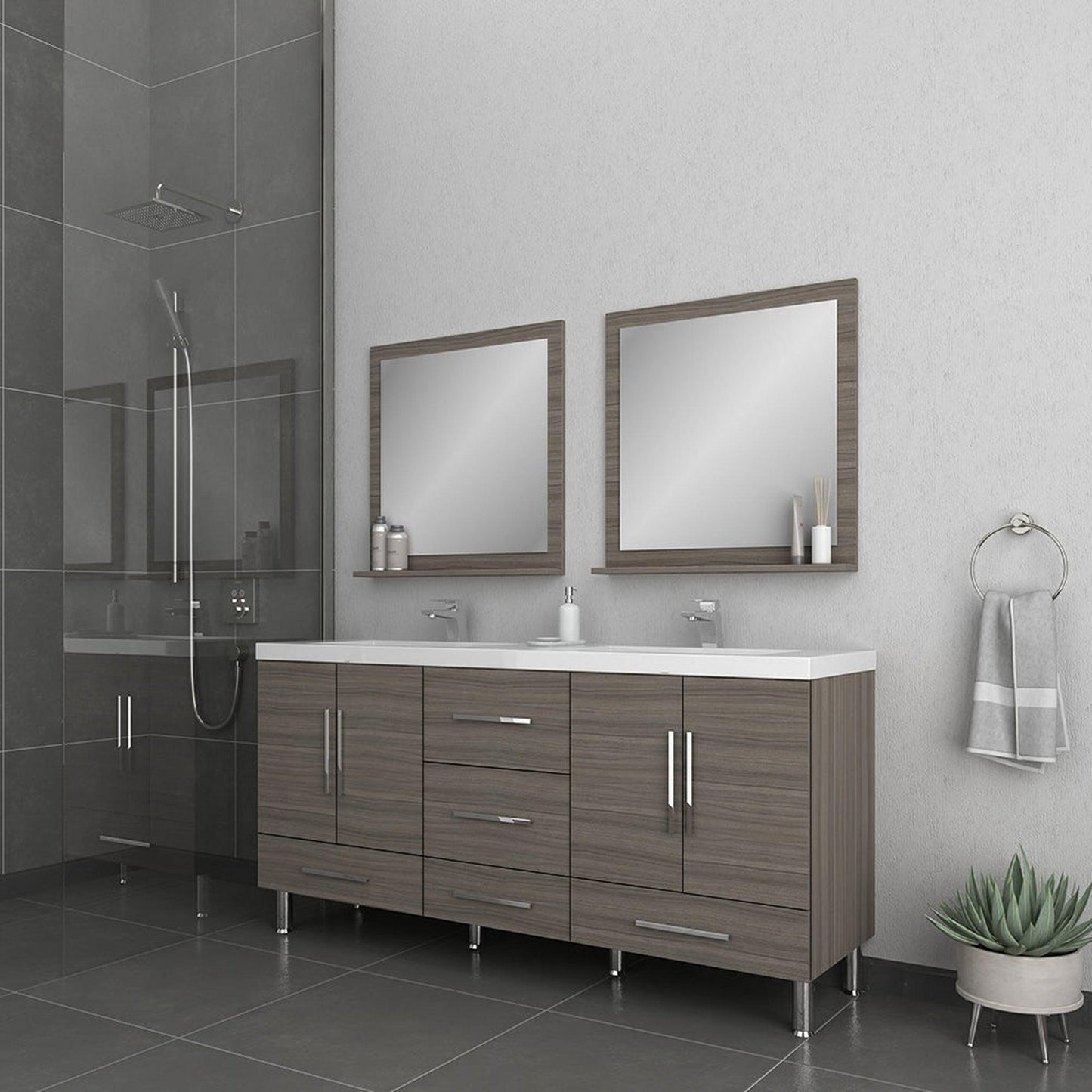Alya Bath Ripley 67" Double Gray Modern Freestanding Bathroom Vanity With Integrated Acrylic Top, Acrylic Sink and Wall Mounted Mirror - AT-8063-G+2x AT-30-M-G