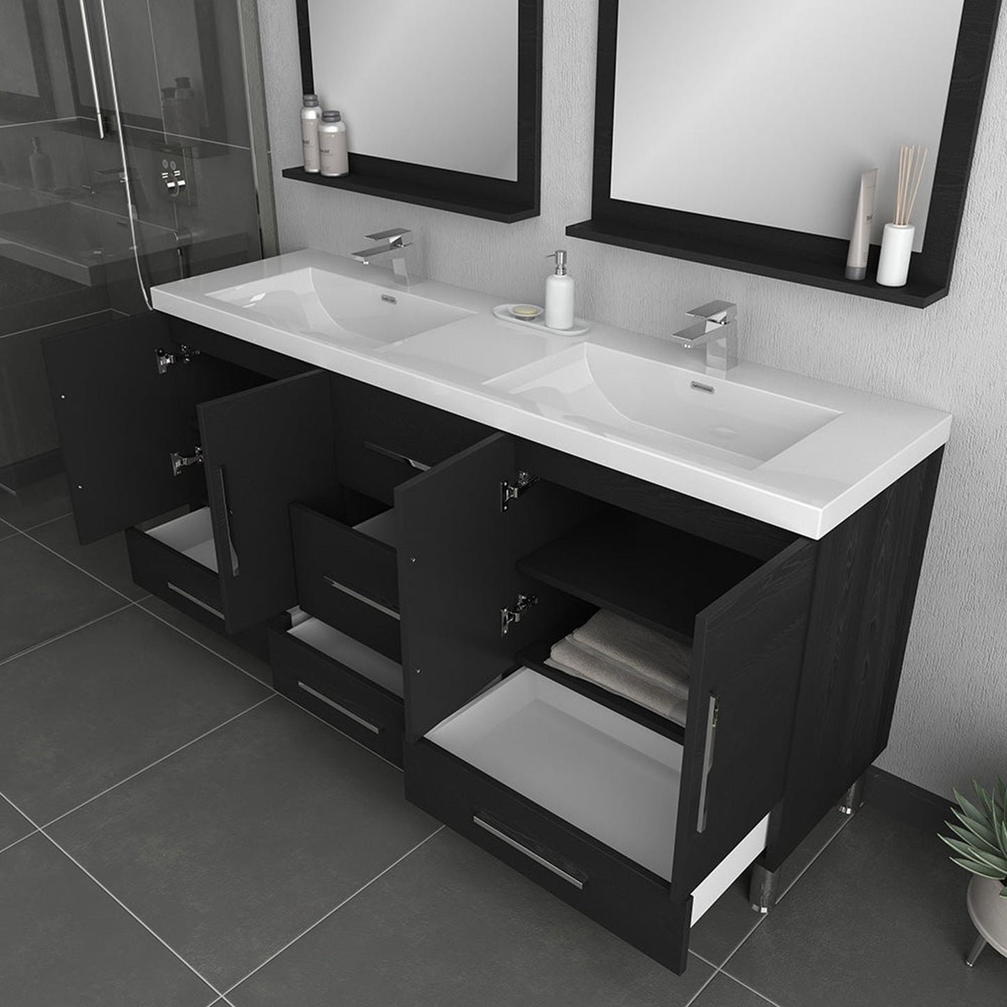 Alya Bath Ripley 72" Double Black Modern Freestanding Bathroom Vanity With Integrated Acrylic Top, Acrylic Sink and Wall Mounted Mirror - AT-8063-B-72+2x AT-30-M-B