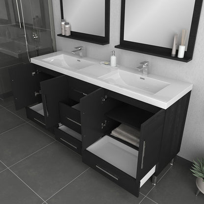 Alya Bath Ripley 72" Double Black Modern Freestanding Bathroom Vanity With Integrated Acrylic Top, Acrylic Sink and Wall Mounted Mirror - AT-8063-B-72+2x AT-30-M-B