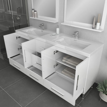 Alya Bath Ripley 72" Double White Modern Freestanding Bathroom Vanity With Integrated Acrylic Top, Acrylic Sink and Wall Mounted Mirror - AT-8063-W-72+2x AT-30-M-W