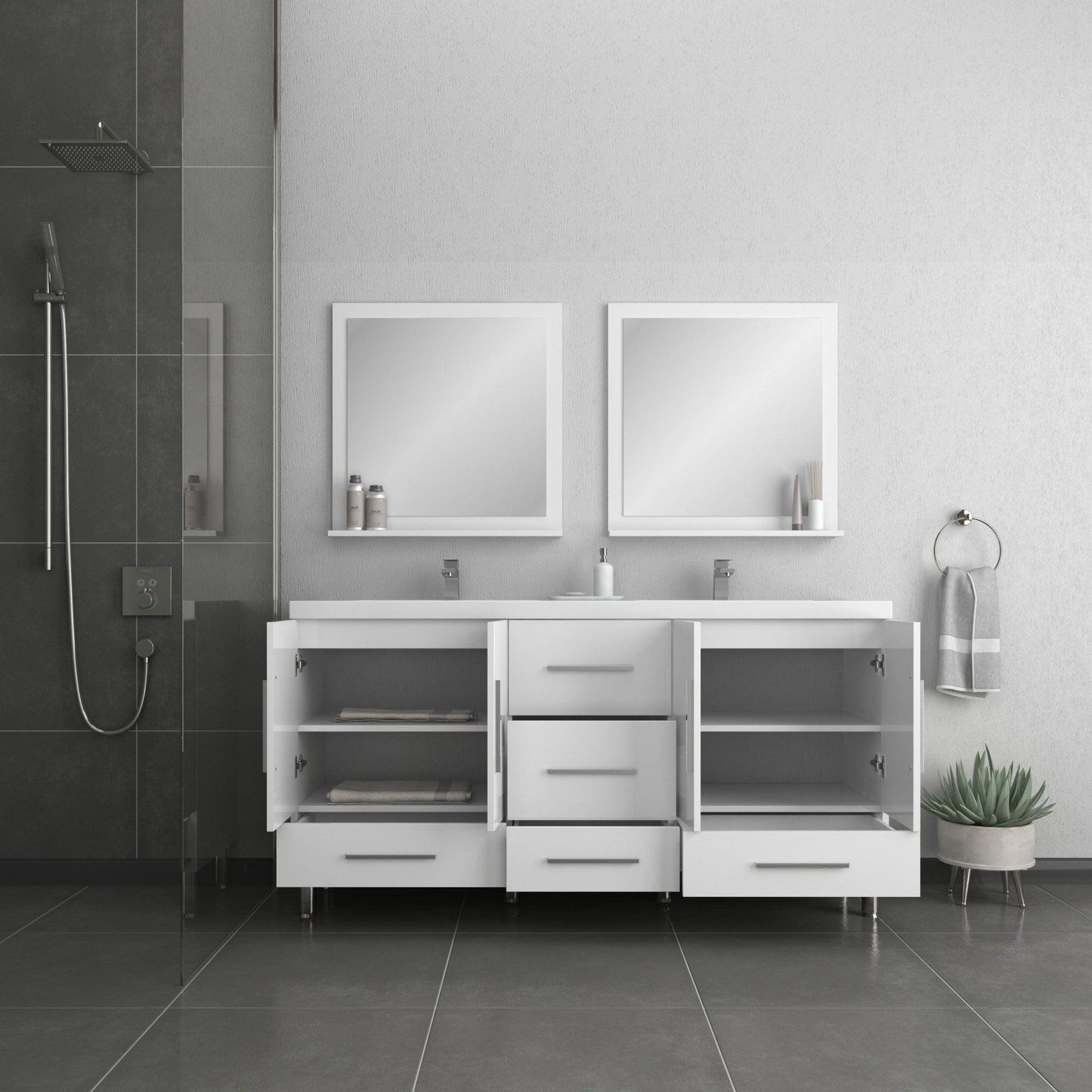 Alya Bath Ripley 72" Double White Modern Freestanding Bathroom Vanity With Integrated Acrylic Top, Acrylic Sink and Wall Mounted Mirror - AT-8063-W-72+2x AT-30-M-W
