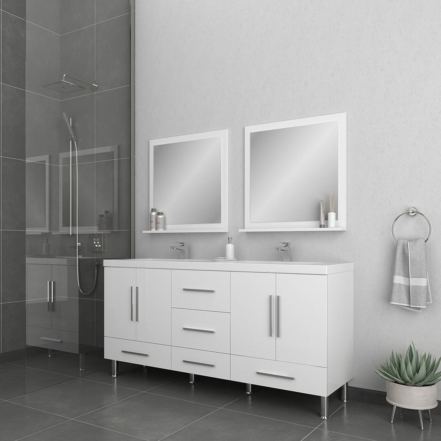 Alya Bath Ripley 72" Double White Modern Freestanding Bathroom Vanity With Integrated Acrylic Top, Acrylic Sink and Wall Mounted Mirror - AT-8063-W-72+2x AT-30-M-W