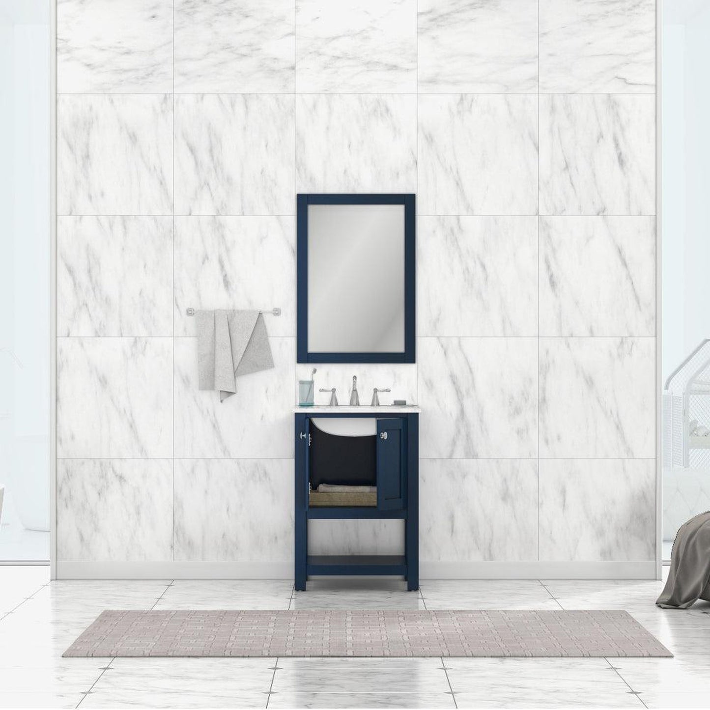 Alya Bath Wilmington 24" Single Blue Freestanding  Bathroom Vanity With Carrara Marble Top, Ceramic Sink and Wall Mounted Mirror - HE-102-24-B-CWMT+HE-101/102-24-B-M
