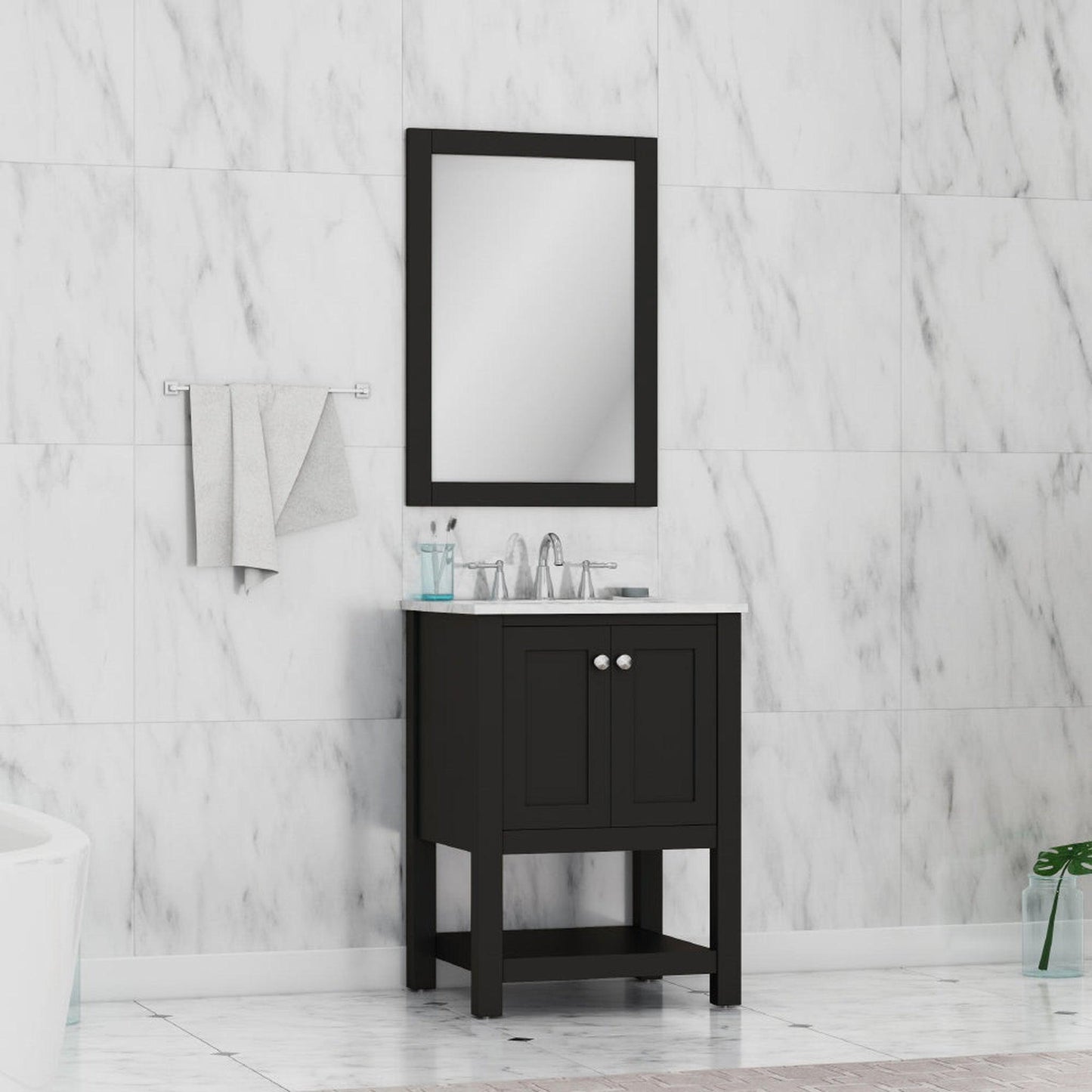 Alya Bath Wilmington 24" Single Blue Freestanding  Bathroom Vanity With Carrara Marble Top, Ceramic Sink and Wall Mounted Mirror - HE-102-24-B-CWMT+HE-101/102-24-B-M