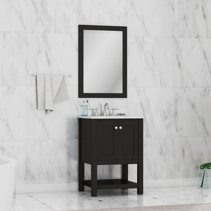 Alya Bath Wilmington 24" Single Blue Freestanding  Bathroom Vanity With Carrara Marble Top, Ceramic Sink and Wall Mounted Mirror - HE-102-24-B-CWMT+HE-101/102-24-B-M