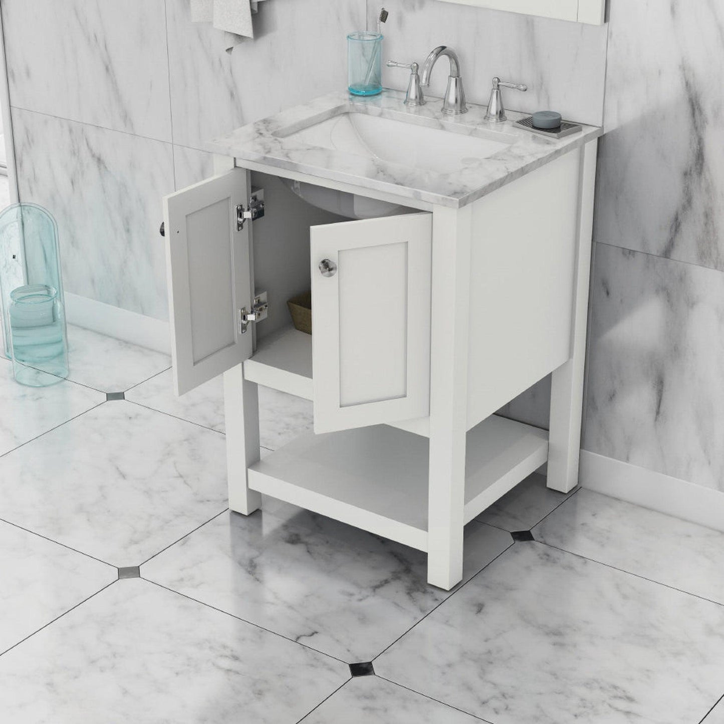 Alya Bath Wilmington 24" Single White Freestanding Single Bathroom Vanity With Carrara Marble Top, Ceramic Sink and Wall Mounted Mirror - HE-102-24-W-CWMT+HE-101/102-24-W-M