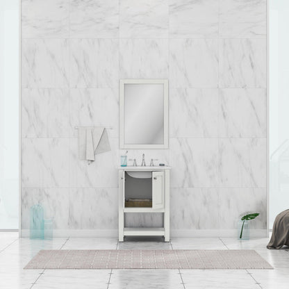 Alya Bath Wilmington 24" Single White Freestanding Single Bathroom Vanity With Carrara Marble Top, Ceramic Sink and Wall Mounted Mirror - HE-102-24-W-CWMT+HE-101/102-24-W-M