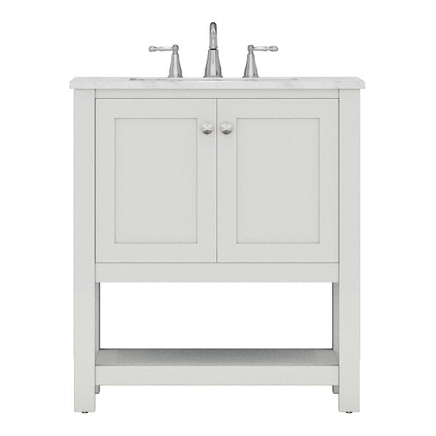 Alya Bath Wilmington 30" Single White Freestanding  Bathroom Vanity With Carrara Marble Top, Ceramic Sink and Wall Mounted Mirror - HE-102-30-W-CWMT+HE-101/102-30-W-M