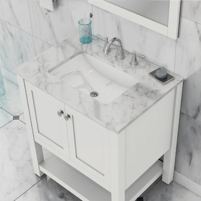 Alya Bath Wilmington 30" Single White Freestanding  Bathroom Vanity With Carrara Marble Top, Ceramic Sink and Wall Mounted Mirror - HE-102-30-W-CWMT+HE-101/102-30-W-M