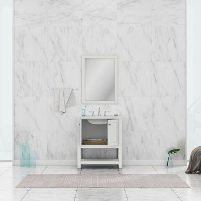 Alya Bath Wilmington 30" Single White Freestanding  Bathroom Vanity With Carrara Marble Top, Ceramic Sink and Wall Mounted Mirror - HE-102-30-W-CWMT+HE-101/102-30-W-M
