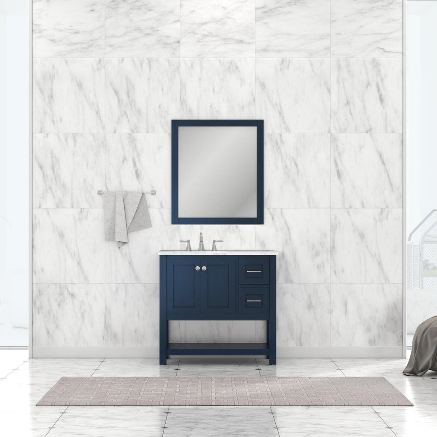 Alya Bath Wilmington 36" Single Blue Freestanding  Bathroom Vanity With Carrara Marble Top, Ceramic Sink and Wall Mounted Mirror - HE-102-36-B-CWMT+HE-101/102-36-B-M