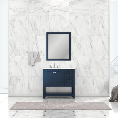 Alya Bath Wilmington 36" Single Blue Freestanding  Bathroom Vanity With Carrara Marble Top, Ceramic Sink and Wall Mounted Mirror - HE-102-36-B-CWMT+HE-101/102-36-B-M