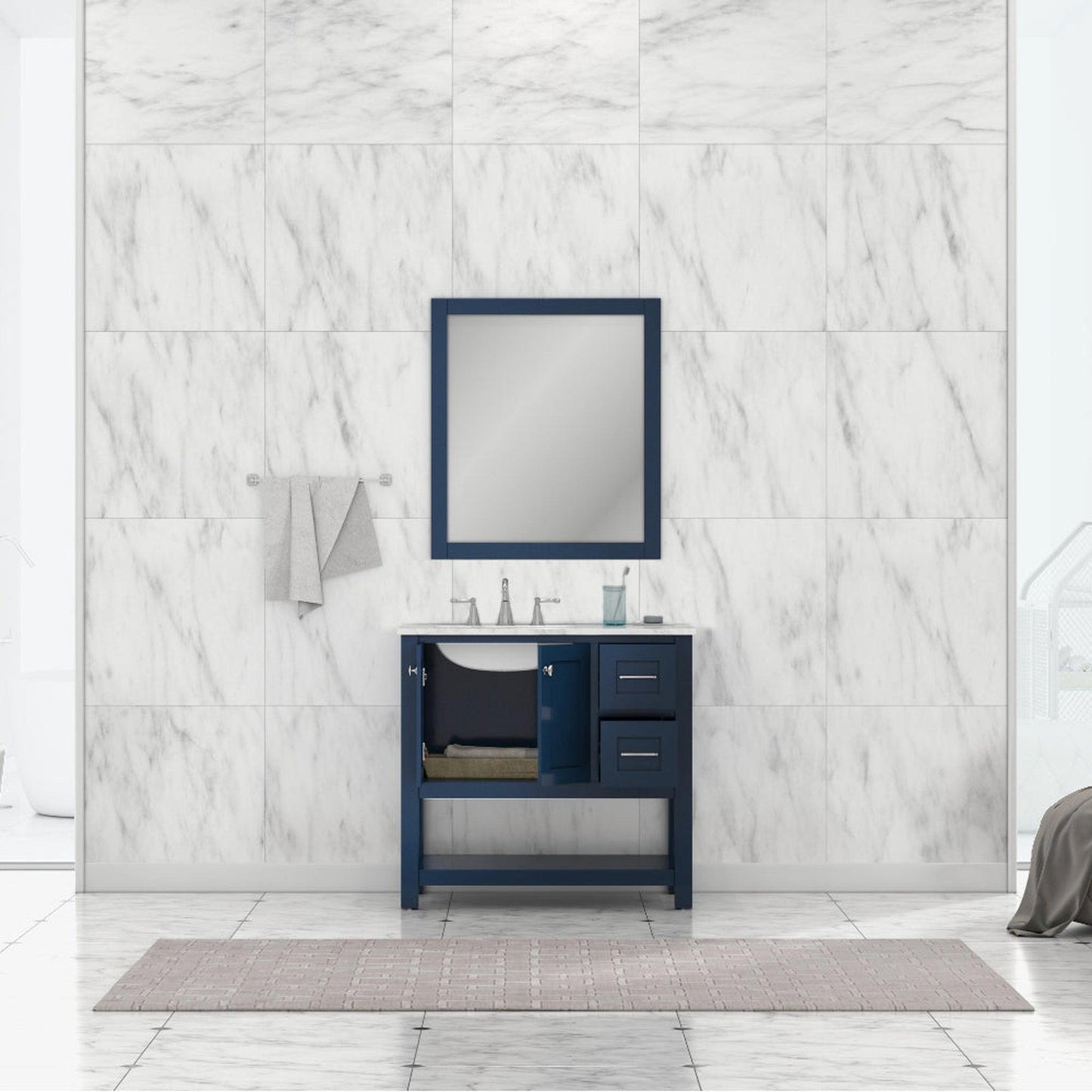 Alya Bath Wilmington 36" Single Blue Freestanding  Bathroom Vanity With Carrara Marble Top, Ceramic Sink and Wall Mounted Mirror - HE-102-36-B-CWMT+HE-101/102-36-B-M