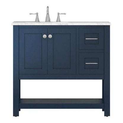 Alya Bath Wilmington 36" Single Blue Freestanding  Bathroom Vanity With Carrara Marble Top, Ceramic Sink and Wall Mounted Mirror - HE-102-36-B-CWMT+HE-101/102-36-B-M