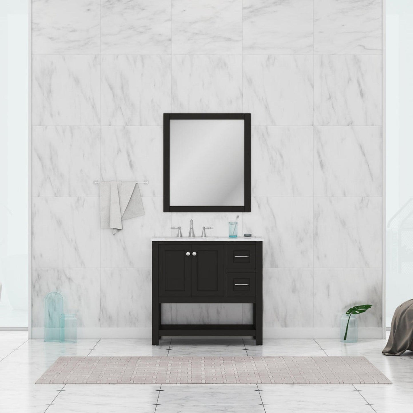 Alya Bath Wilmington 36" Single Espresso Freestanding  Bathroom Vanity With Carrara Marble Top, Ceramic Sink and Wall Mounted Mirror - HE-102-36-E-CWMT+HE-101/102-36-E-M