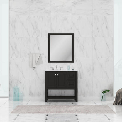 Alya Bath Wilmington 36" Single Espresso Freestanding  Bathroom Vanity With Carrara Marble Top, Ceramic Sink and Wall Mounted Mirror - HE-102-36-E-CWMT+HE-101/102-36-E-M