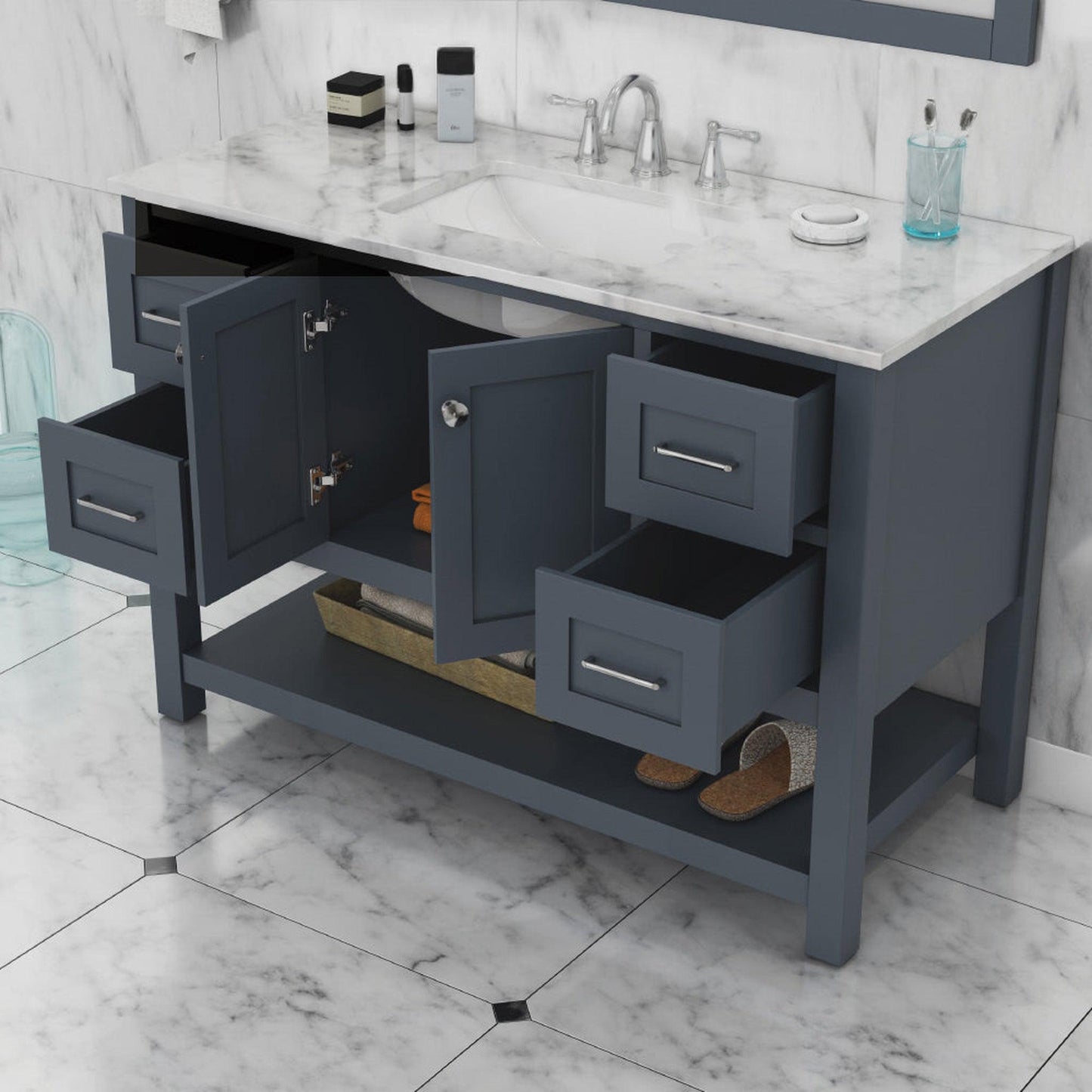Alya Bath Wilmington 48" Single Gray Freestanding  Bathroom Vanity With Carrara Marble Top, Ceramic Sink and Wall Mounted Mirror - HE-102-48-G-CWMT+HE-101/102-42-G-M
